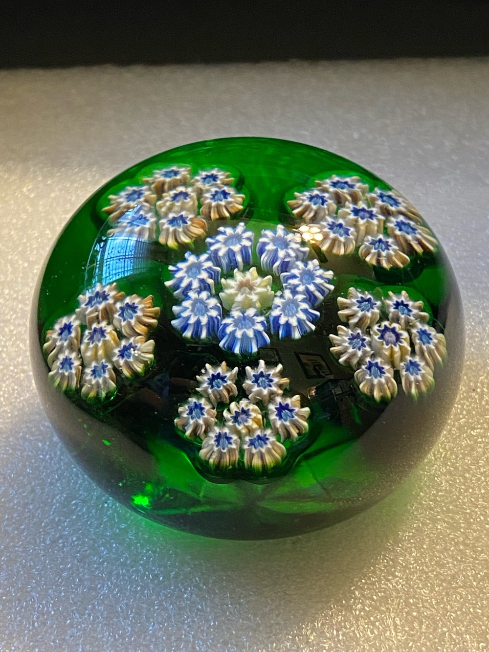 Art Glass Flower Millefiori Vintage Paperweight in Emerald Green